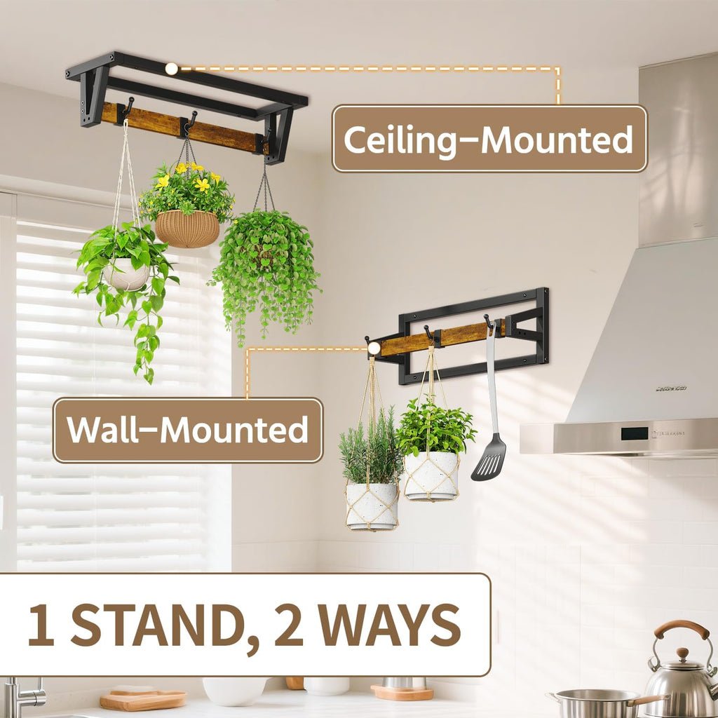 LASZOLA Plant Hanger Holder Shelf Indoor Window Wall Mount, 2 Pack Brown | Plant Hanging Rod with 6 Heavy Duty Hanging