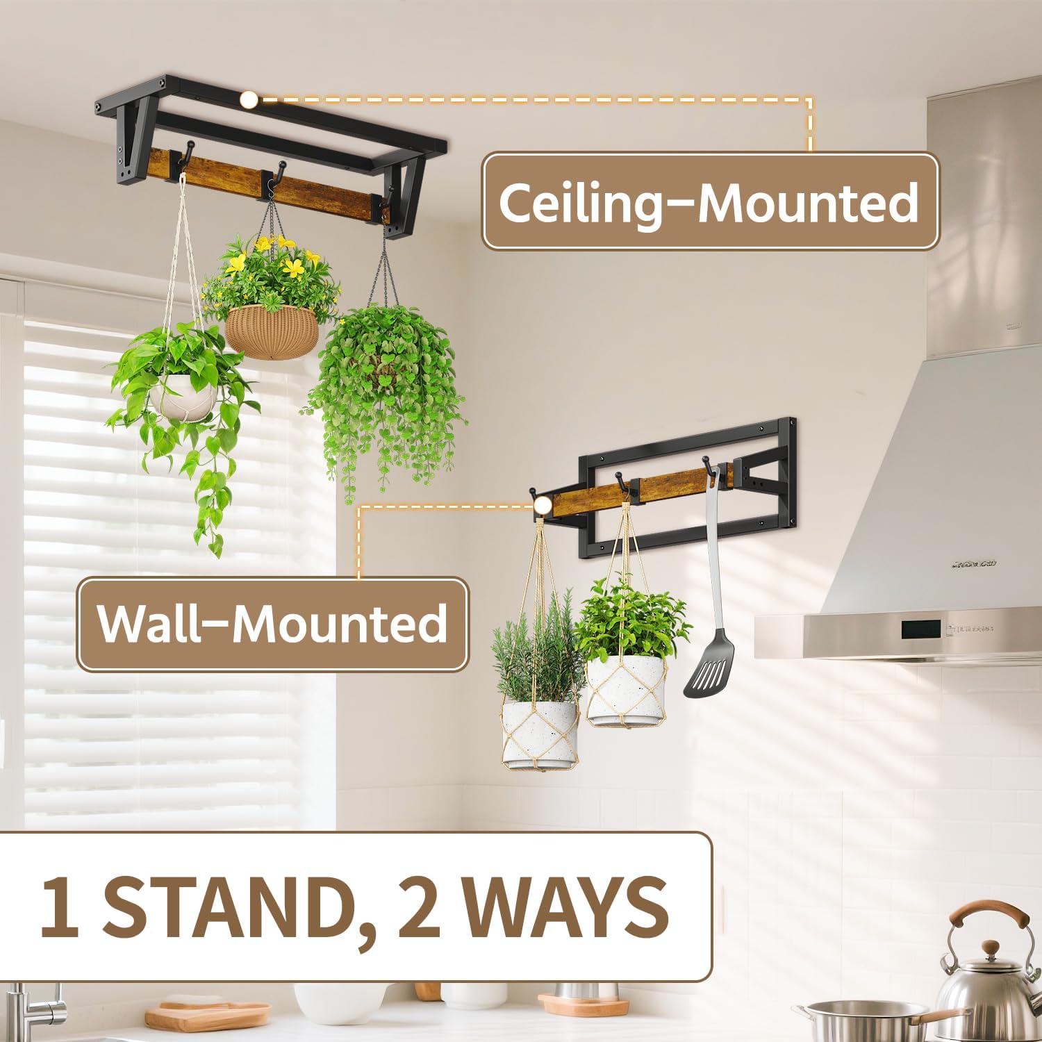 LASZOLA Plant Hanger Holder Shelf Indoor Window Wall Mount, 2 Pack Brown | Plant Hanging Rod with 6 Heavy Duty Hanging