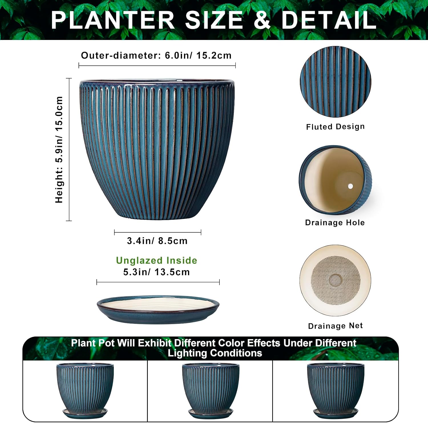 6 Inch Plant Pot, Ceramic Flower Pots for Indoor Plants, Round Planters with Drainage Hole and Saucer, Decorative Small