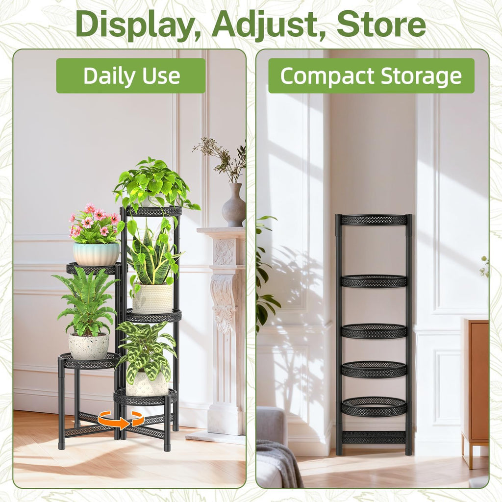 iDavosic.ly Plant Stand Indoor Outdoor, 5 Tier Iron Corner Shelf, Black | Tiered Tall Flower Display Holder, Folding