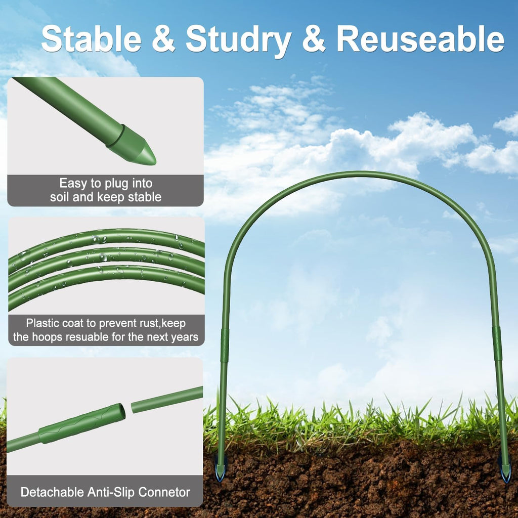 6Pcs Greenhouse Hoops, 23.6" x 25.6" Garden Hoops Rust-Free Grow Tunnel 4.9ft Long Steel with Plastic Coated Support