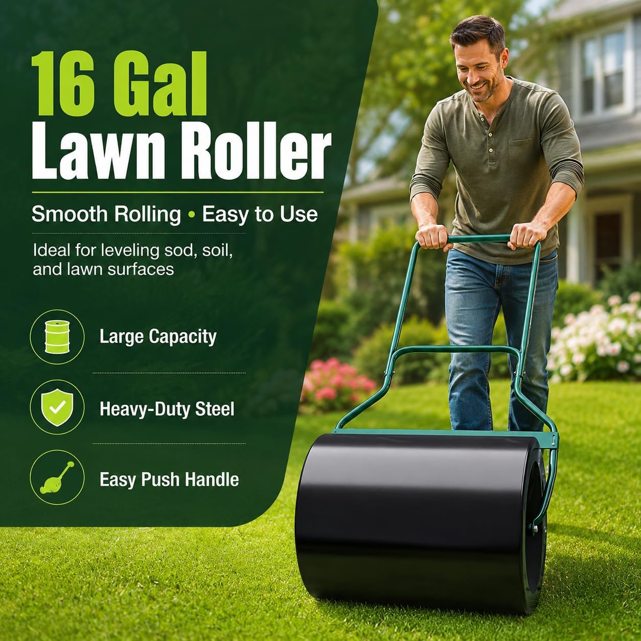 Arnot Lawn Roller, Heavy-Duty Push/Tow Behind Water/Sand Filled Roller for Park, Garden, Yard, Ball Field, 16x20-Inch