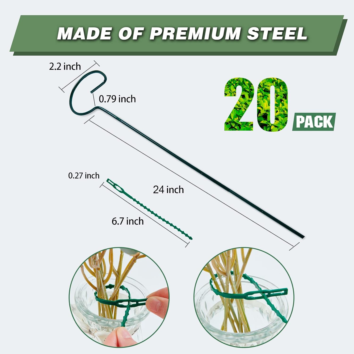 20 Pack 24 Inch Plant Support Stakes for Outdoor Plants and Indoor Flowers | Includes 24 Twist Ties, Sturdy metal