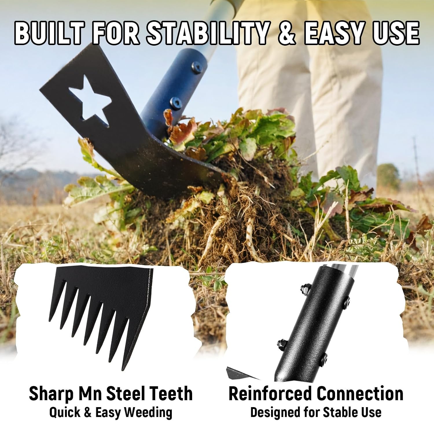 2-in-1 Weed Rake and Garden Hoe, 68" Weed Puller Tool with Long Handle, Manual Weeds Remover, Heavy Duty Stand Up