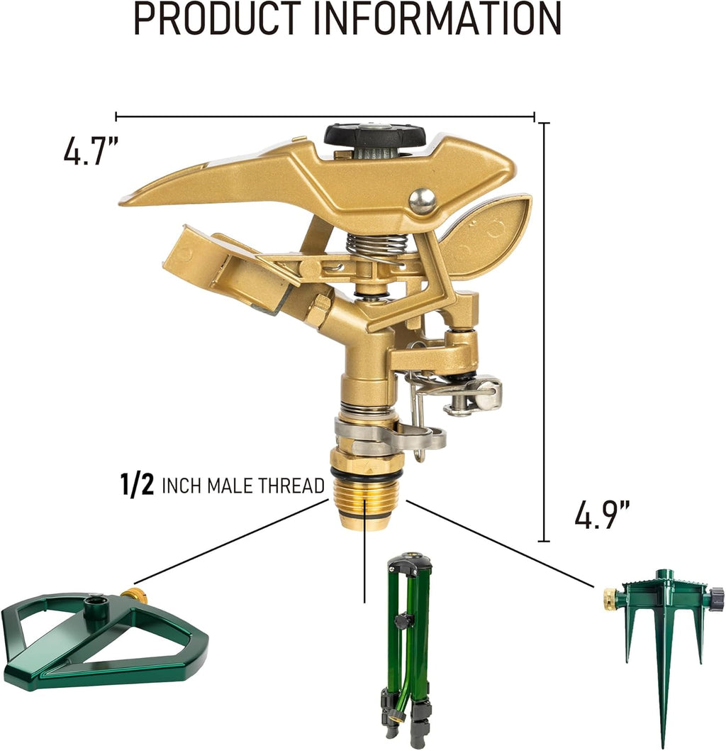 Hourleey 1/2 Inch Zinc Impact Sprinkler, 2 Pack Heavy Duty Lawn Sprinkler Head with Nozzles, Adjustable 0-360 Degree