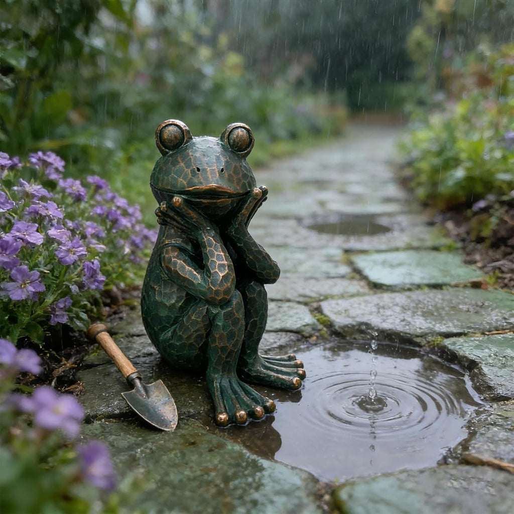 10" H Meditation Frog Lawn & Garden Statue, Verdigris Green | Handcrafted hand-painted details Weatherproof resin