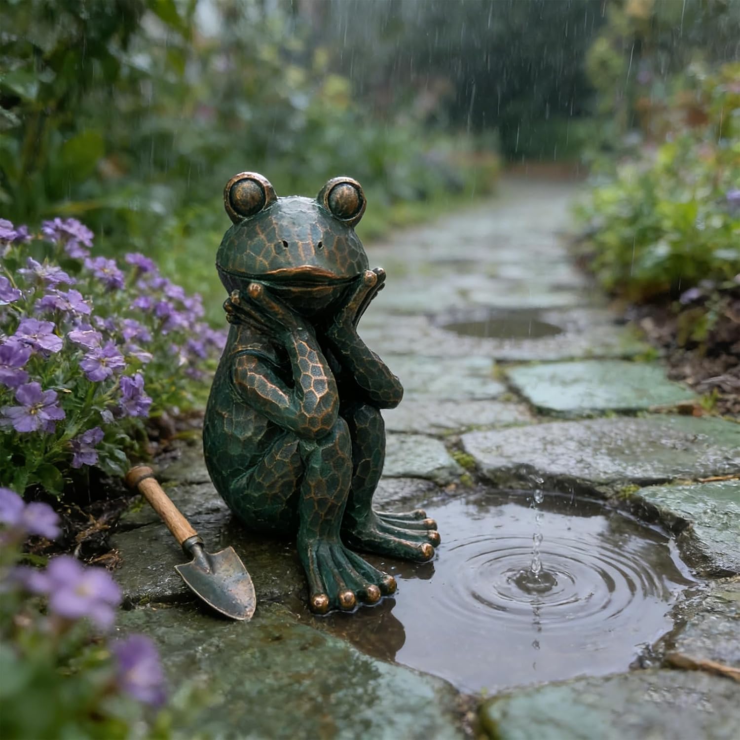 10" H Meditation Frog Lawn & Garden Statue, Verdigris Green | Handcrafted hand-painted details Weatherproof resin
