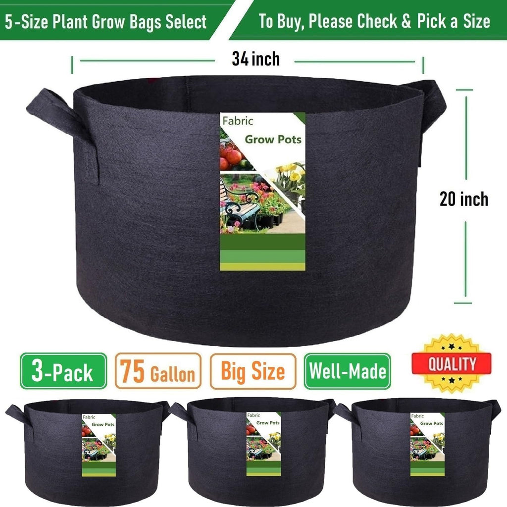 3-Pack 75 Gallon Thickened Plant Grow Bags Large (34x20 in) Heavy Duty Garden Bag Fabric Plant Pots for Tomato,Potato