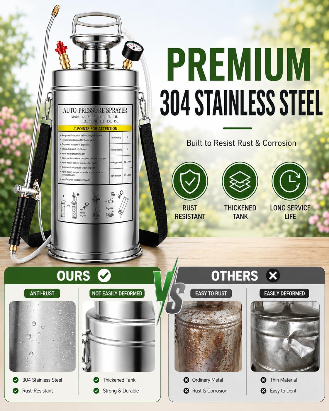 Stainless Steel Sprayer 3 Gallon - Steel Hand-Pump Sprayer, with 3.3-inch Reinforced Hose - Garden Sprayer for Home