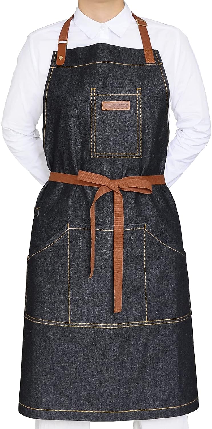 Black Kitchen Apron with Pockets & Towel Loop for Men Women, Denim | Professional for Chef Cooking BBQ Grill Gardening