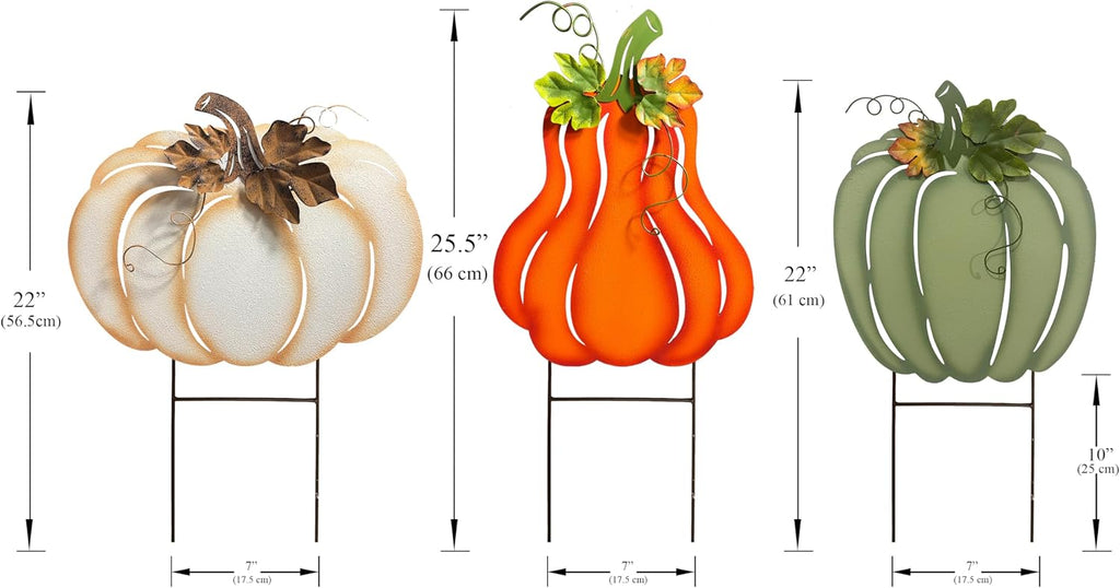 Fall Harvest Metal Pumpkin Garden Stakes, Set of 3, Orange White Green, Autumn Yard Decor