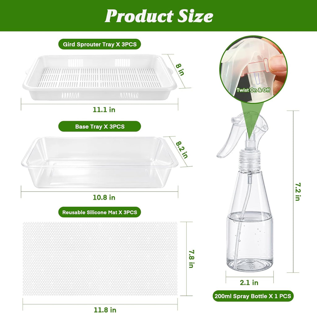3 Pack Microgreens Growing Trays with Drain Holes, Acrylic Germination Trays with Silicone Mats and Spray Bottle, BPA