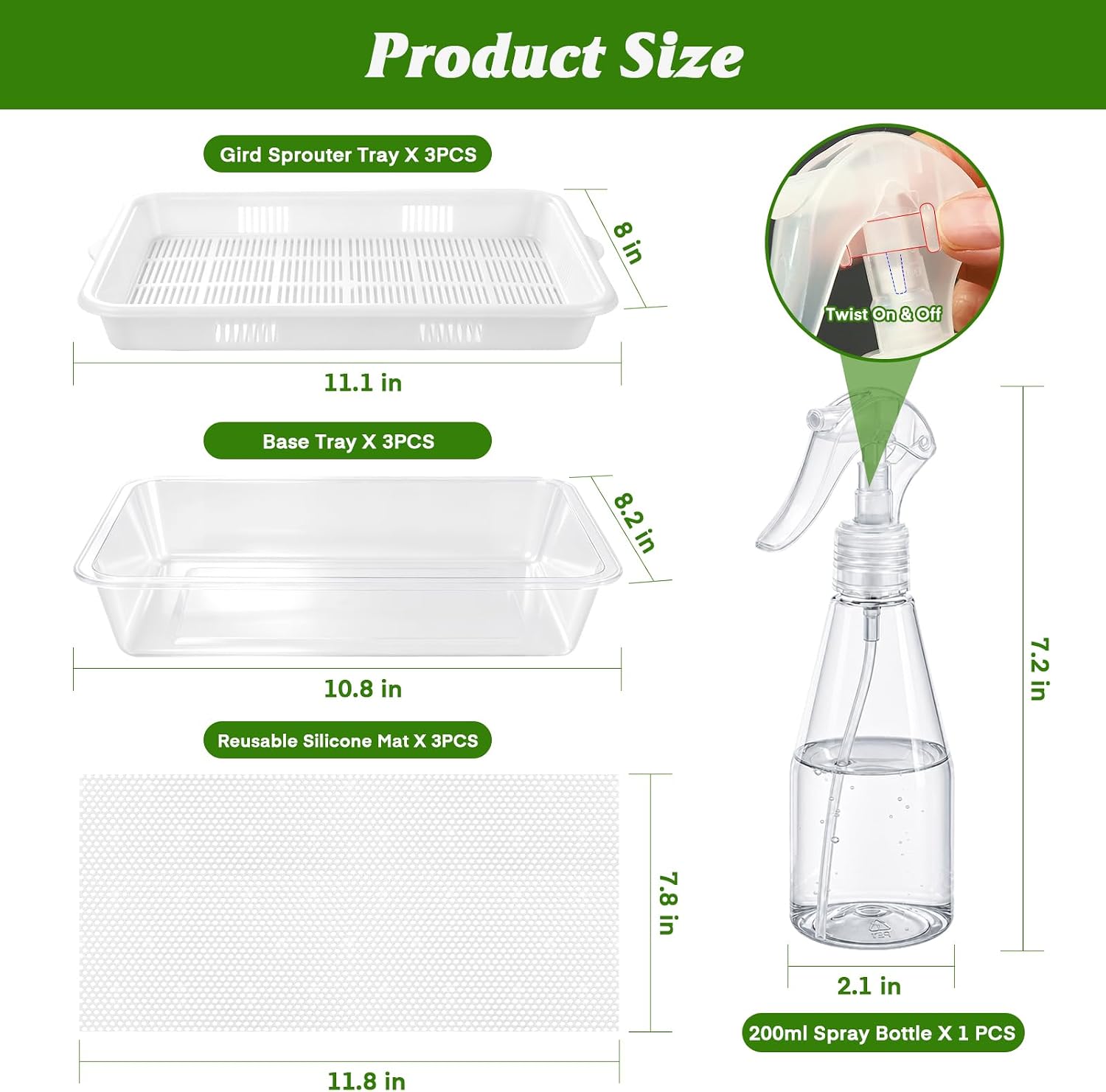 3 Pack Microgreens Growing Trays with Drain Holes, Acrylic Germination Trays with Silicone Mats and Spray Bottle, BPA