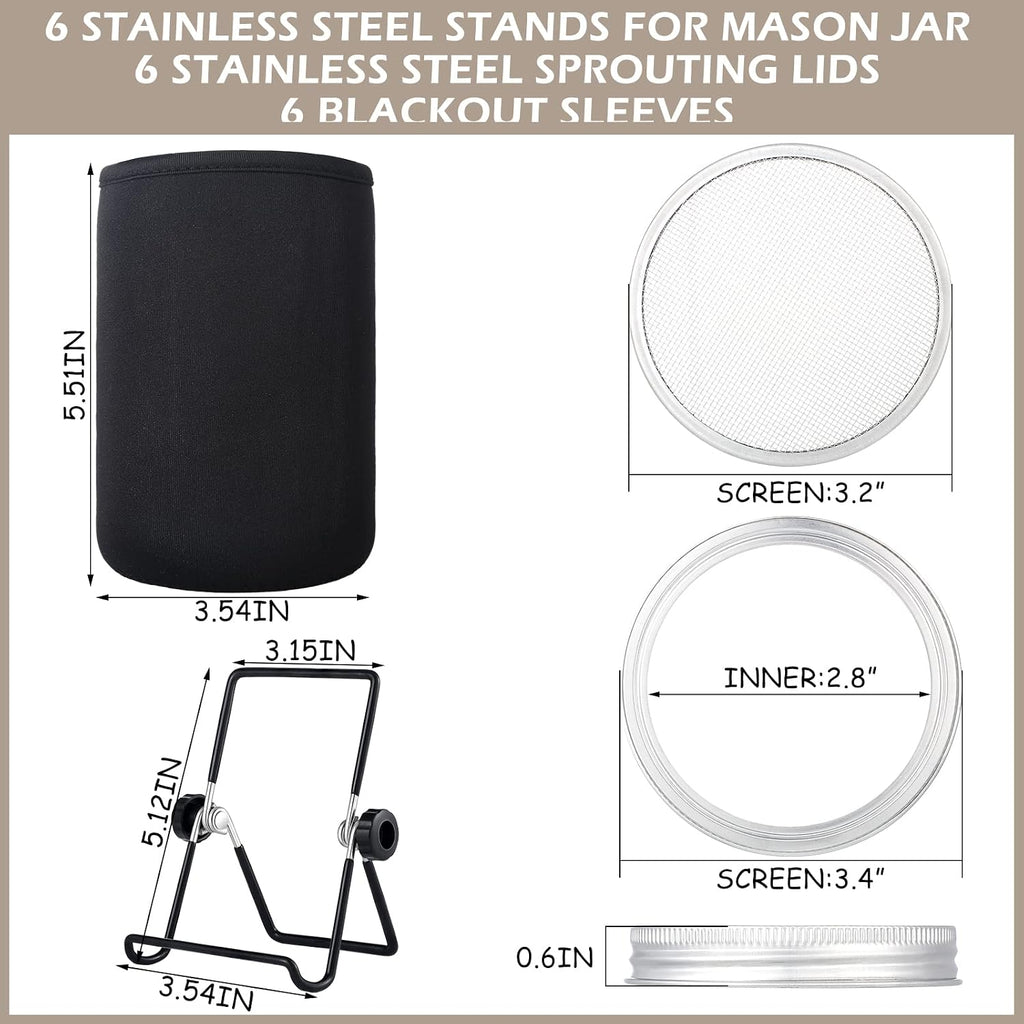 6 Pack Sprouting Lids with Stainless Steel Jar Stands, Blackout Sleeves, Kit for Wide Mouth Mason Jars, Organic Sprouts