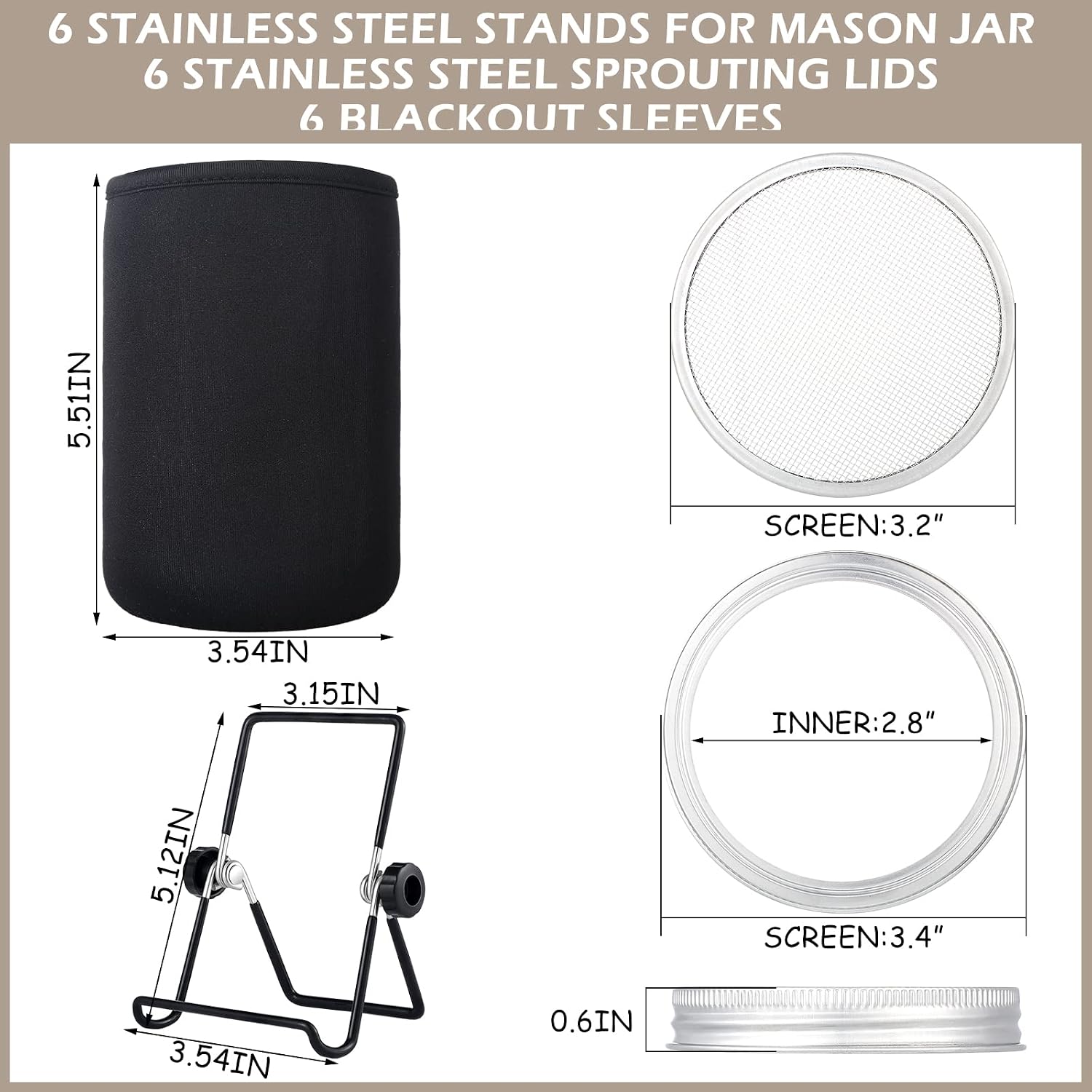 6 Pack Sprouting Lids with Stainless Steel Jar Stands, Blackout Sleeves, Kit for Wide Mouth Mason Jars, Organic Sprouts