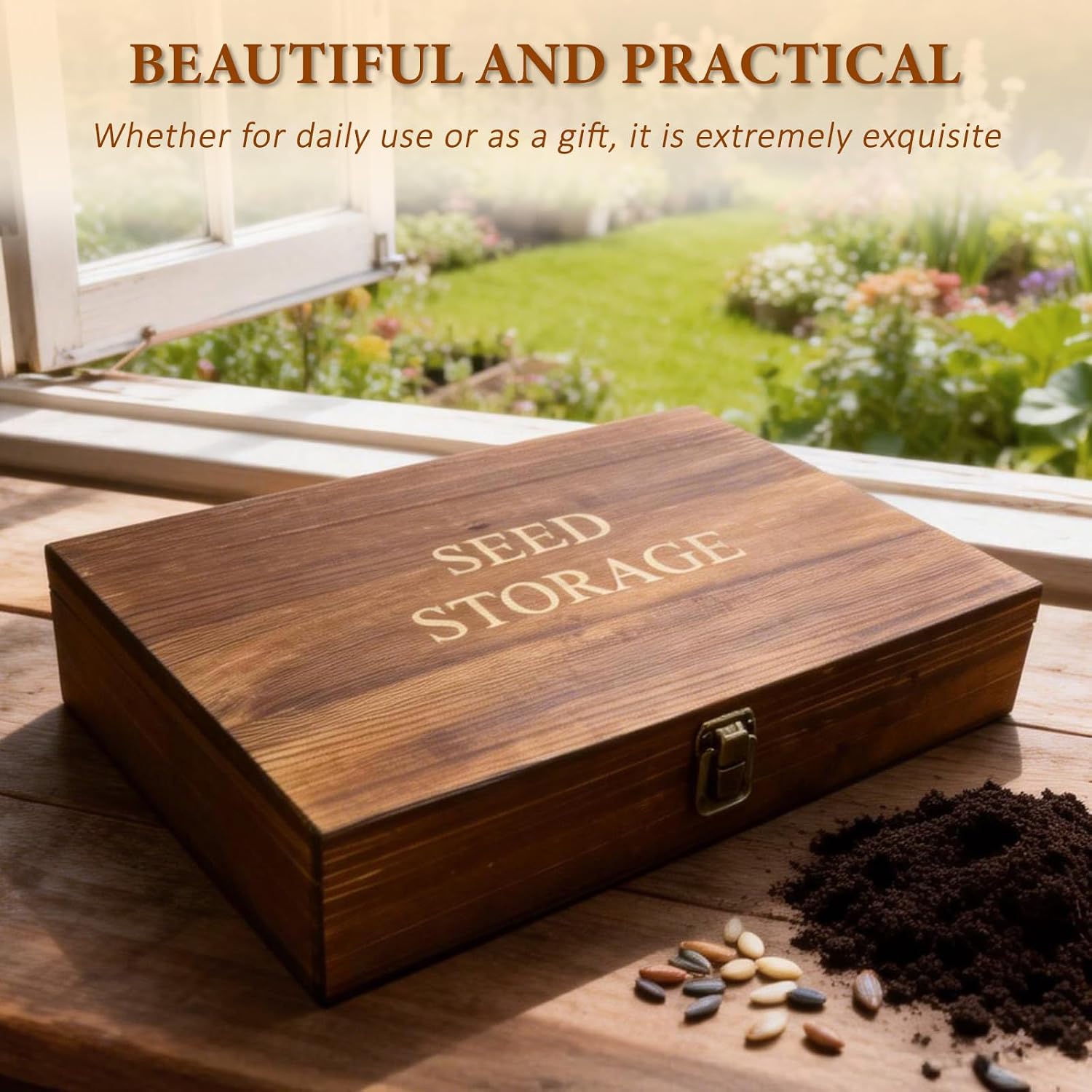 Seed Storage Organizer,60 Slots Pine Wood Seed Storage Box,Portable Seed Saving Box with 230 Labels,Seed