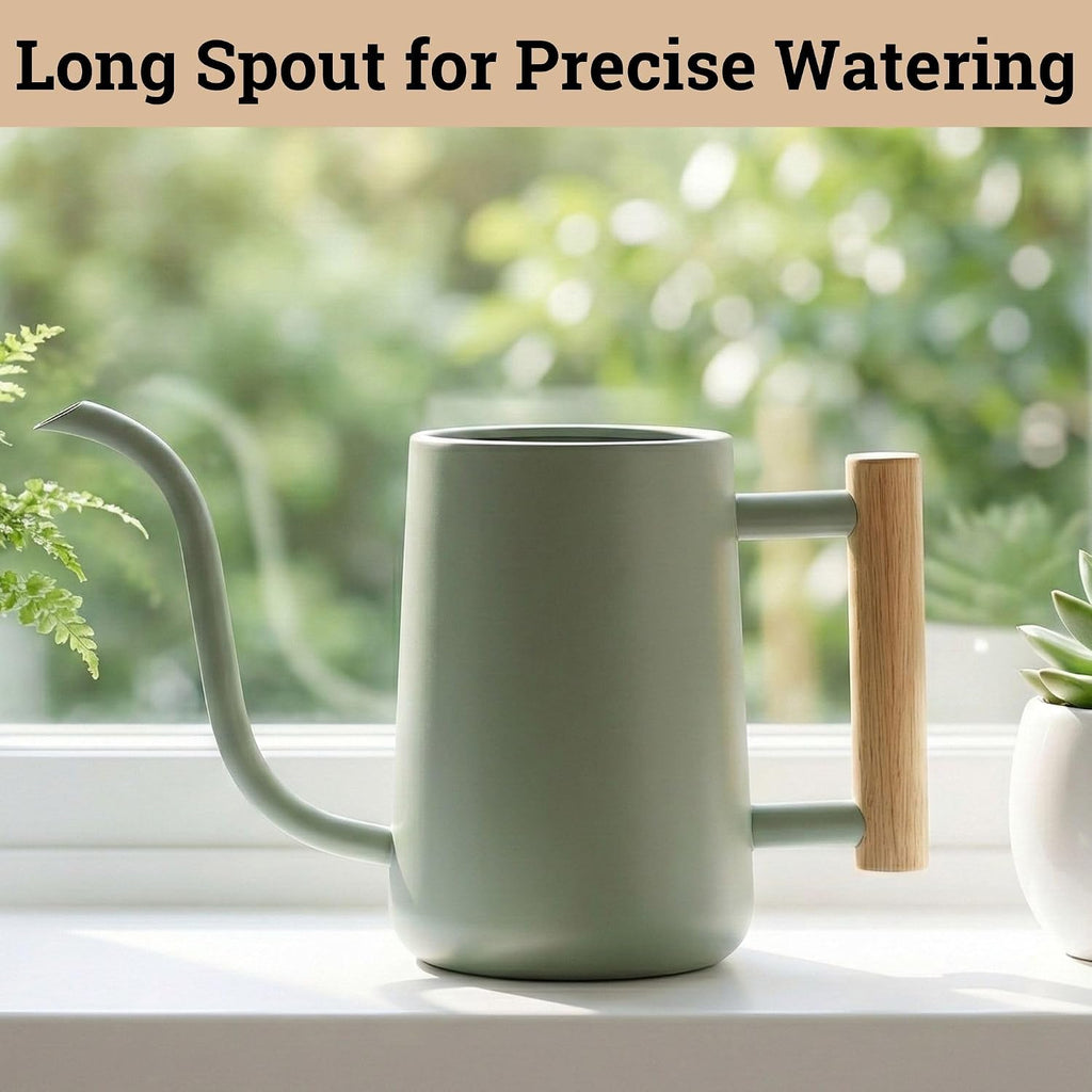 Metal Small Indoor Watering Can with Long Spout & Real Wood Handle, 35oz | Long Spout, Stainless Steel, Real Wood