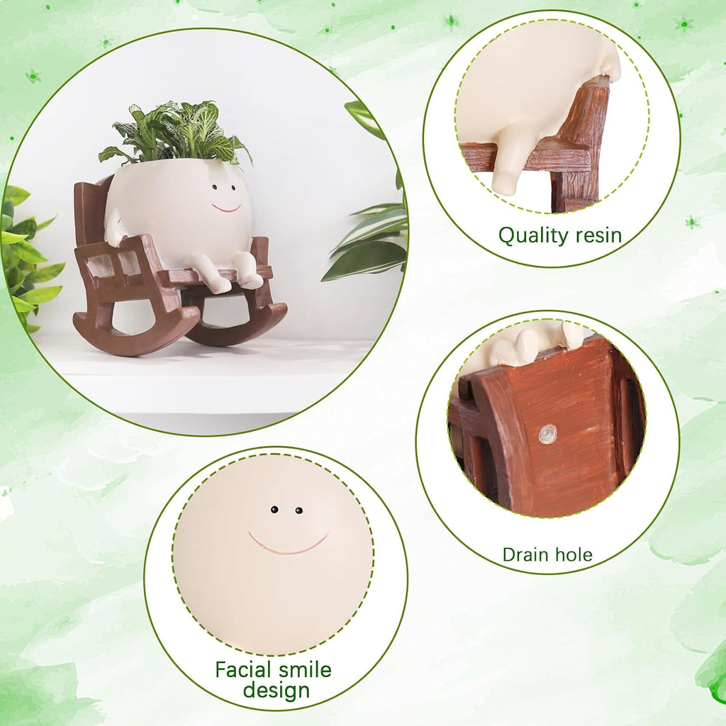 Camotank Smiley Face Rocking Chair Planters Flower Pots for Plants Funny Succulents Plant Live Cute Resin Head Planter