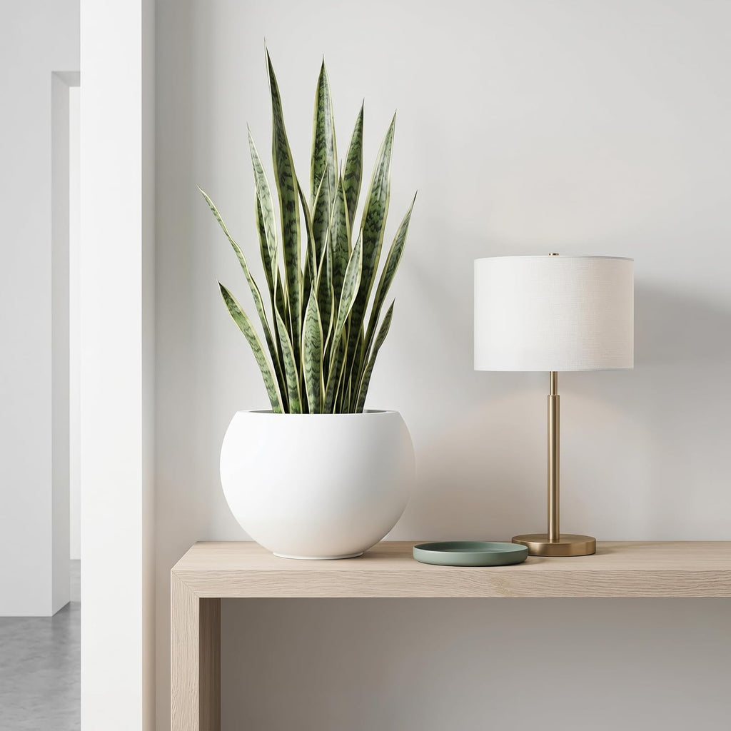 10" H x 14" Dia White Fiberstone Planter Pot with Drainage Hole, Large Round Indoor Outdoor Flower Pot for Plants