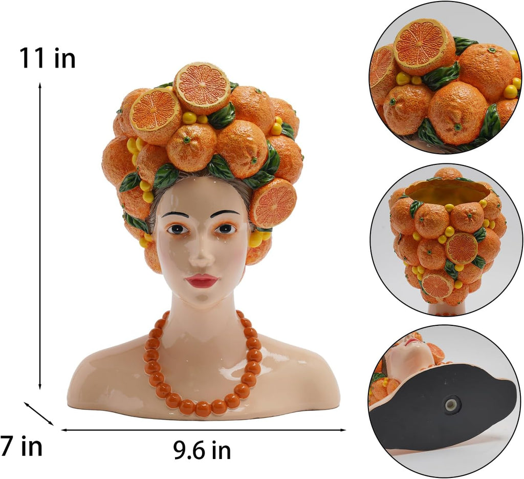DiliComing Head Planter Succulents Plant Pots - 11 Inch Orange Resin Lady Face Planters for Outdoor Indoor Plants