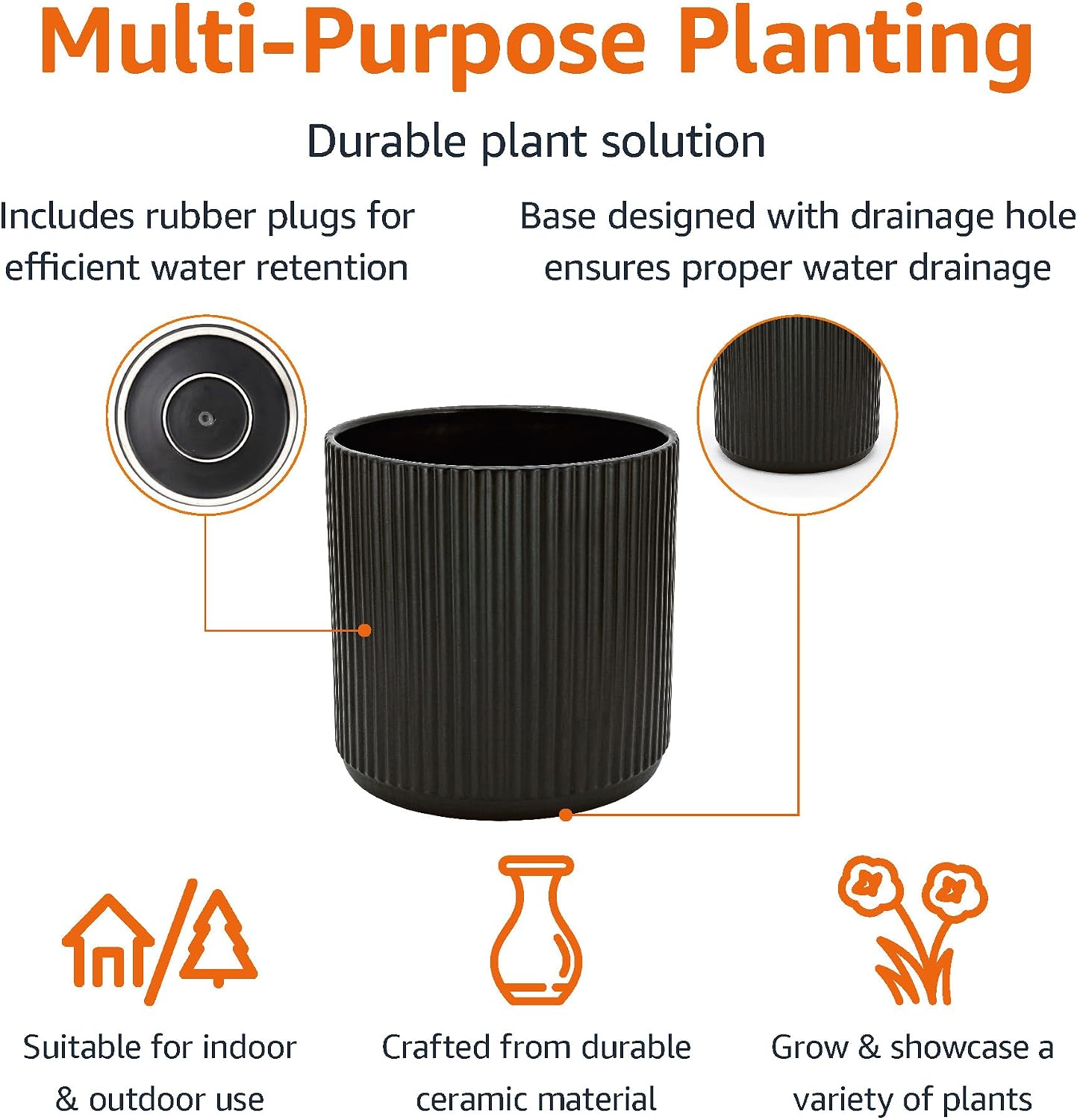 Amazon Basics Fluted Ceramic Planter Pot for Indoor Outdoor Plants, Round Flower Pot with Drainage Hole, 10-inch, Black
