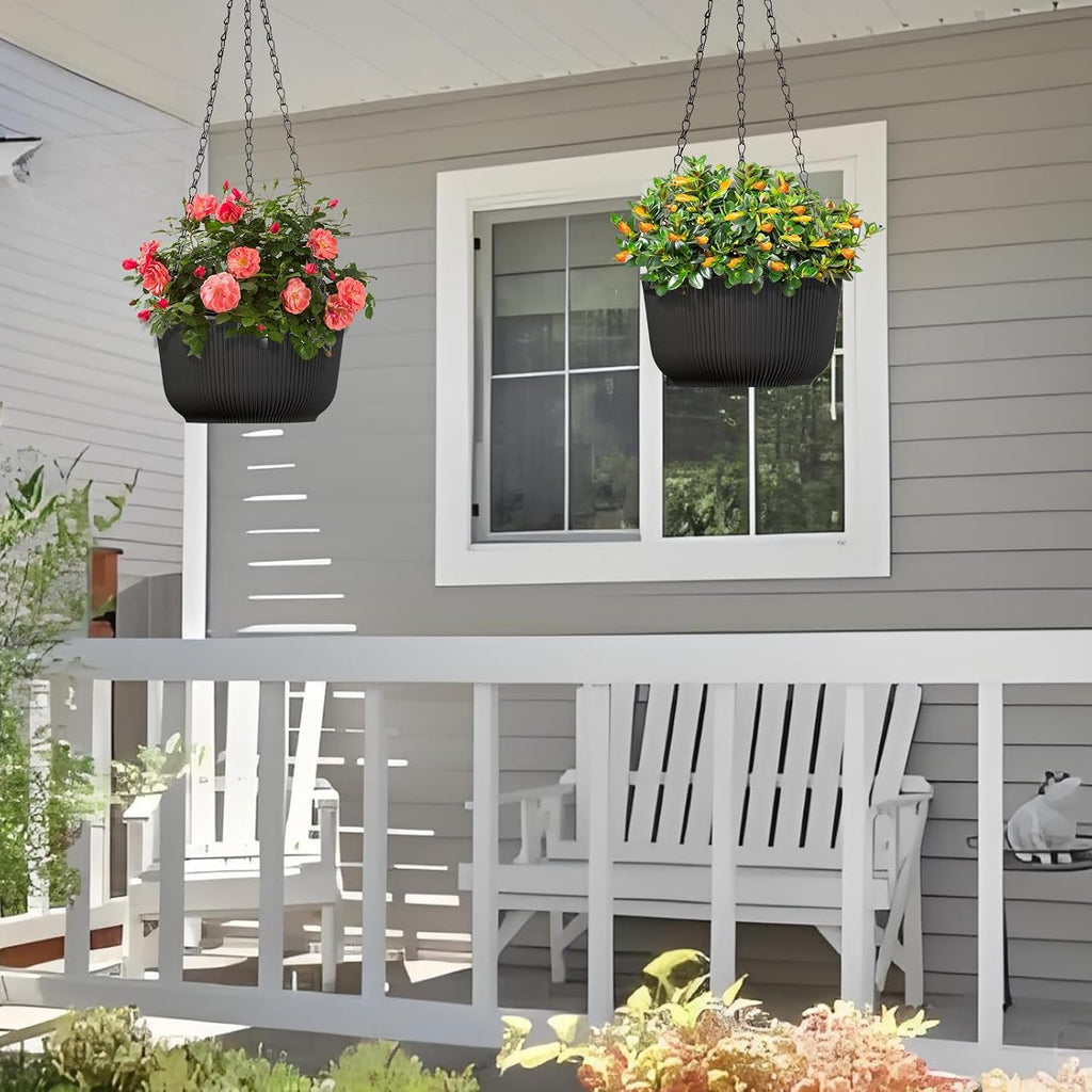10 Inch Black Hanging Planters for Outdoor Indoor Plants - Set of 2 | Self-Watering Hanging Plant Pots with Internal
