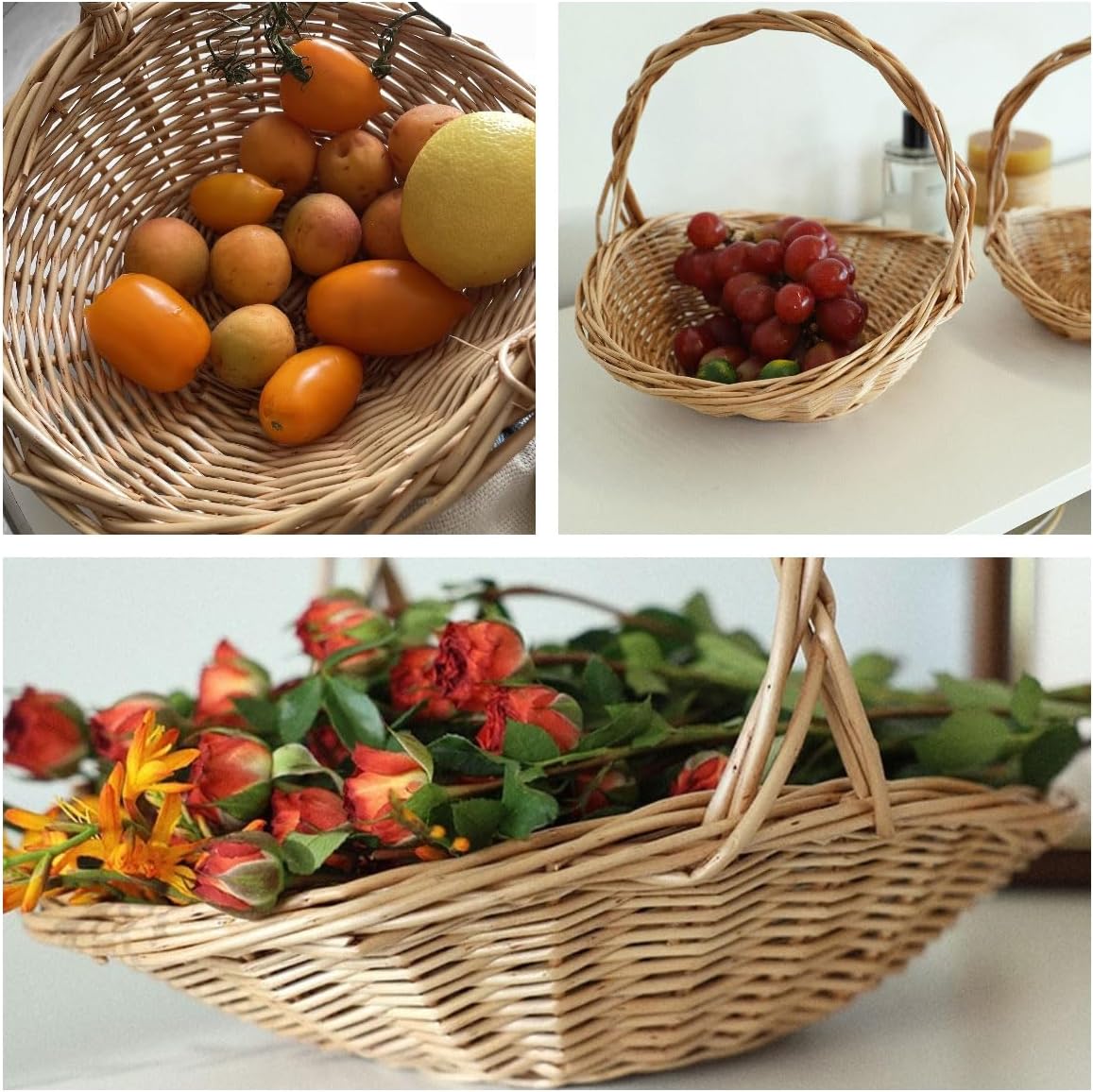 Rattan Basket with Handle, Wicker Garden Harvest Basket for Vegetables and Fruit, Handwoven Picnic Basket for Storage