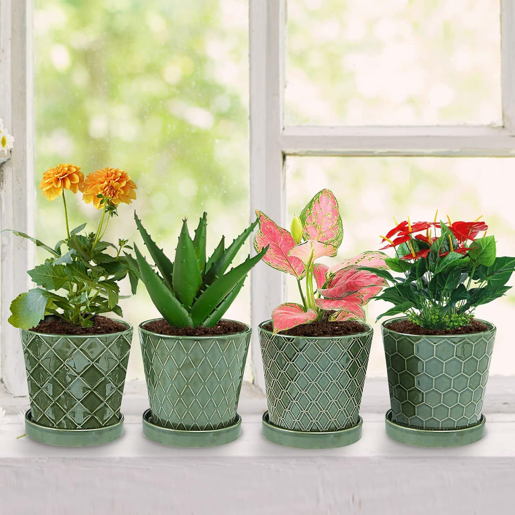 EFISPSS Flower Planter –5 inch Ceramic Plant Pots with Drainage Hole and Ceramic Tray - Gardening Home Desktop Office