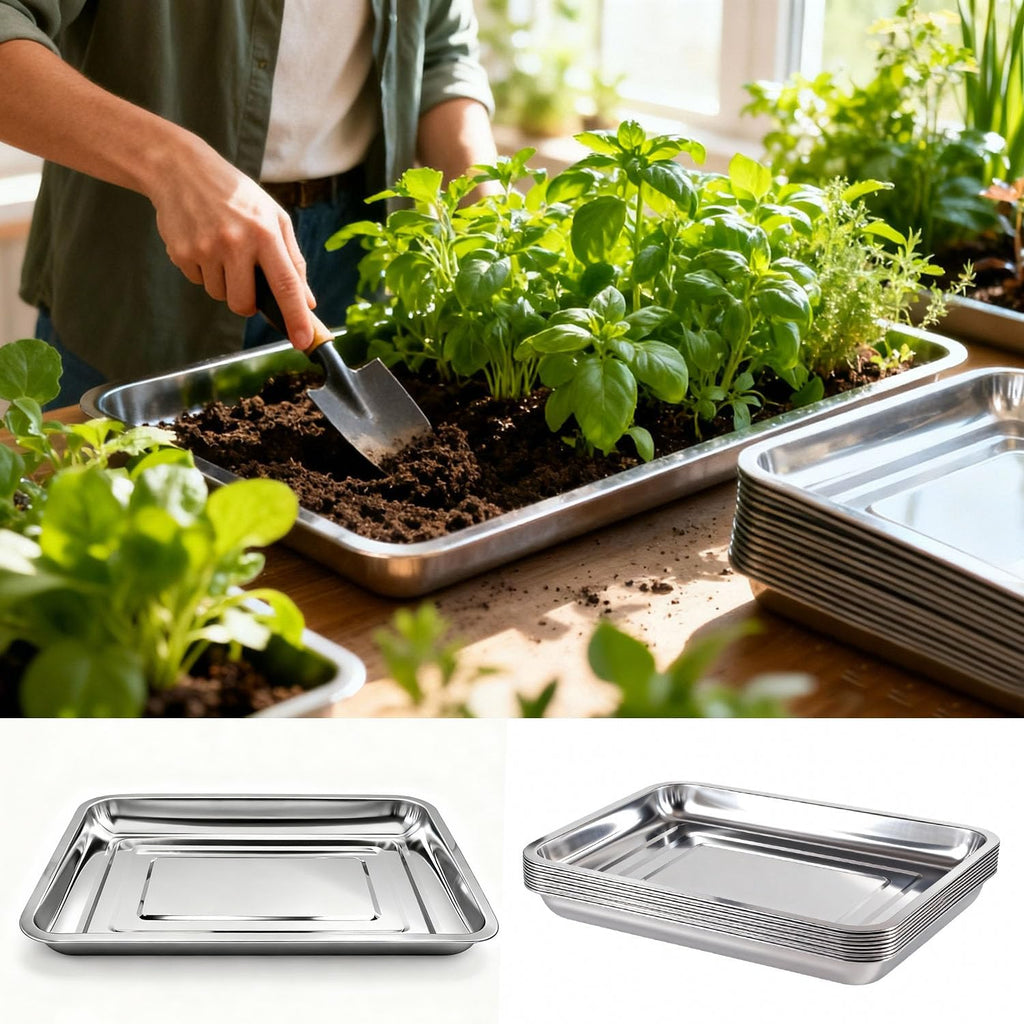 10-Pack 16 Inch Stainless Steel Growing Trays, Heavy-Duty Metal Sprouting Tray for Plants, Stainless Steel Plant