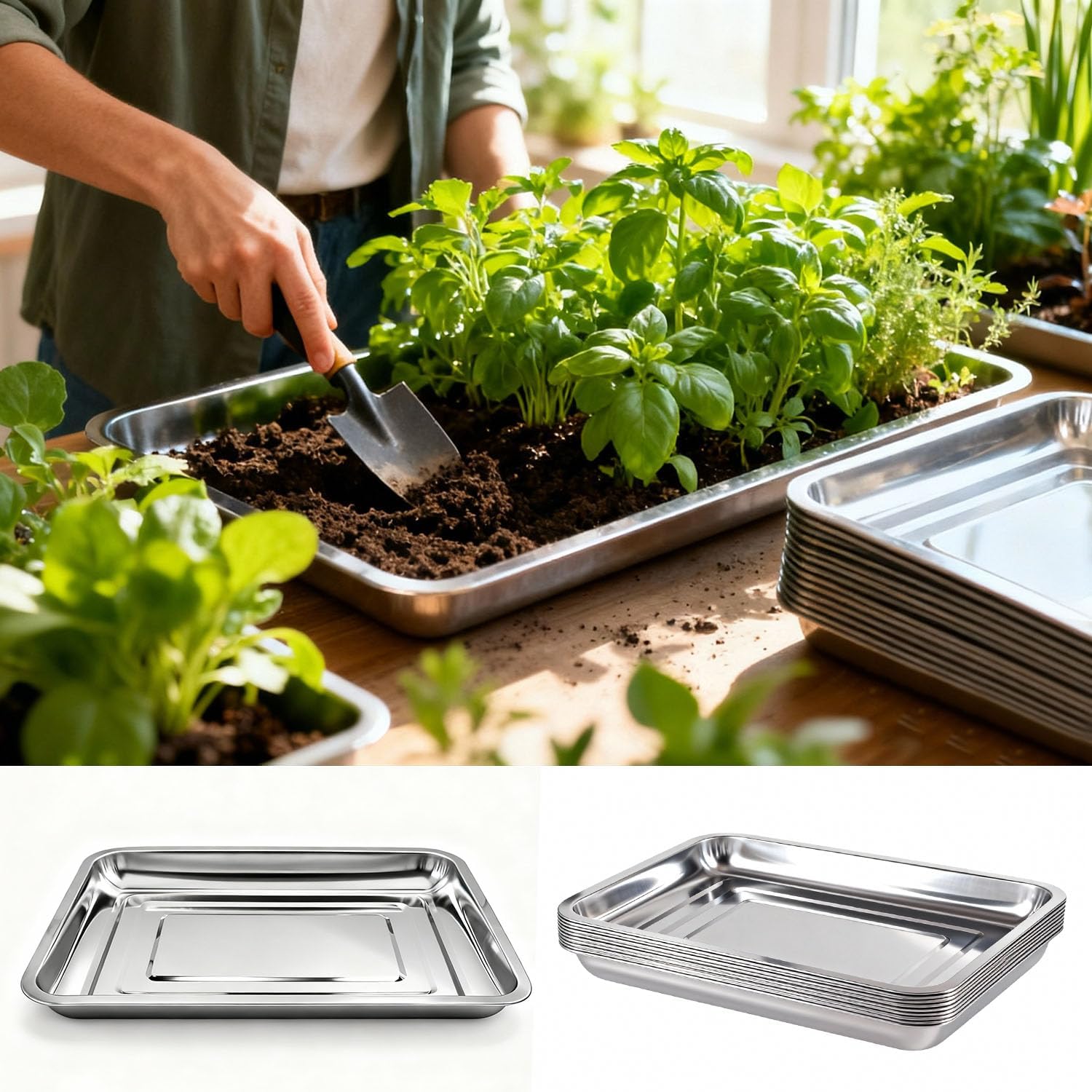 10-Pack 16 Inch Stainless Steel Growing Trays, Heavy-Duty Metal Sprouting Tray for Plants, Stainless Steel Plant