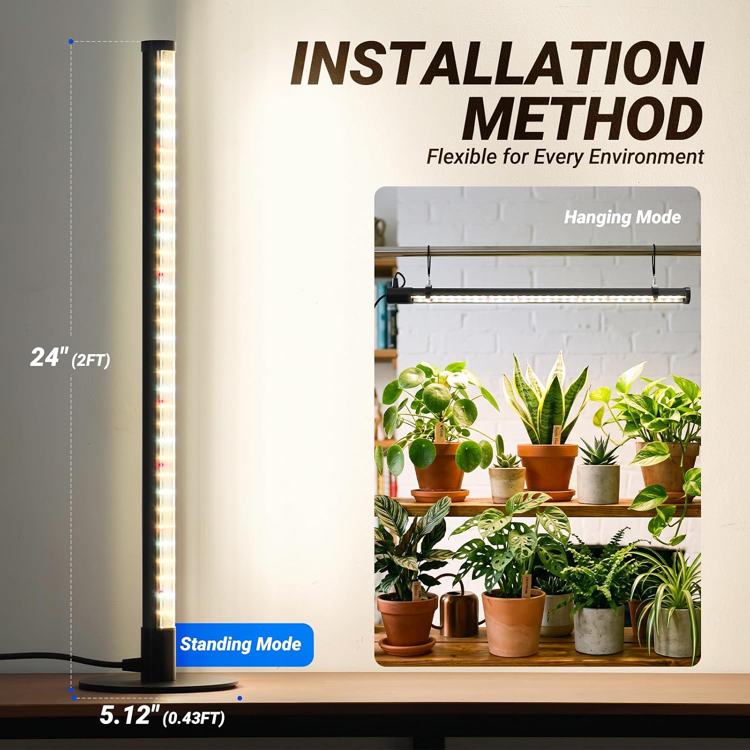 Barrina T10 Standing Grow Light for Indoor Plants, 20W 2FT, Full Spectrum | Desk LED Plant Light, Hanging and Standing