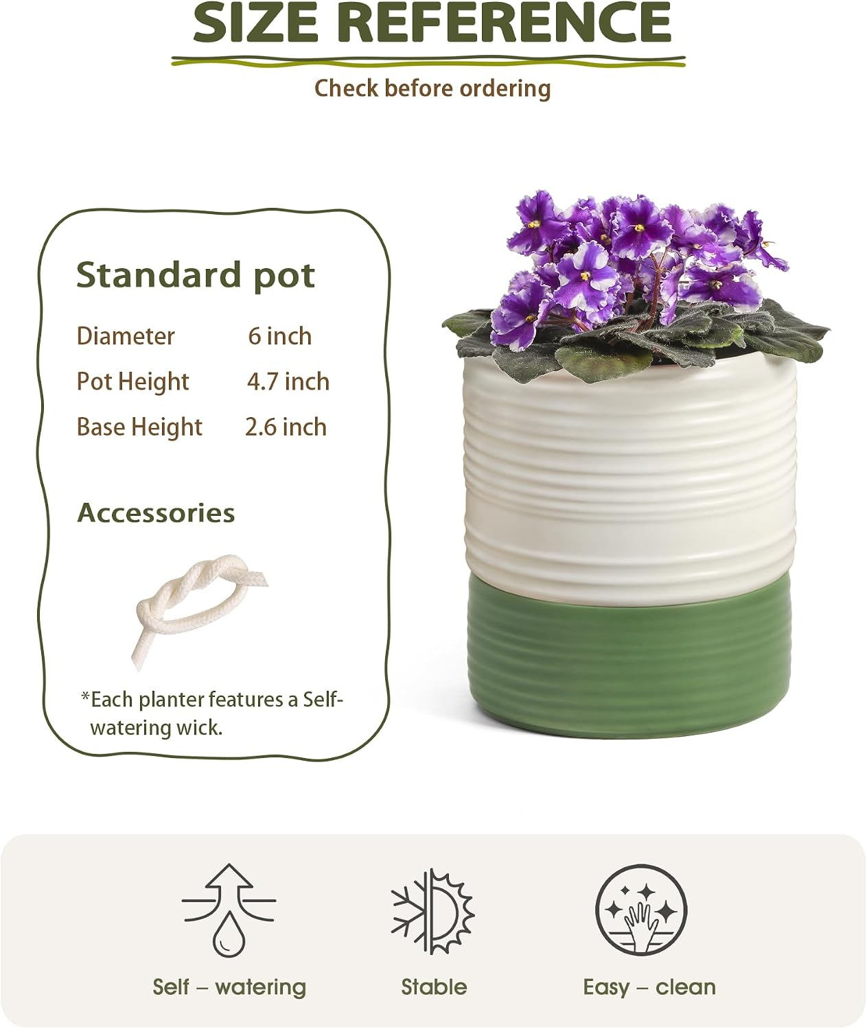 Fayoula Self Watering Pots for Indoor Plants, 6 Inch Ceramic Self Watering Plant Pot, Planter Pot with Wick Rope and