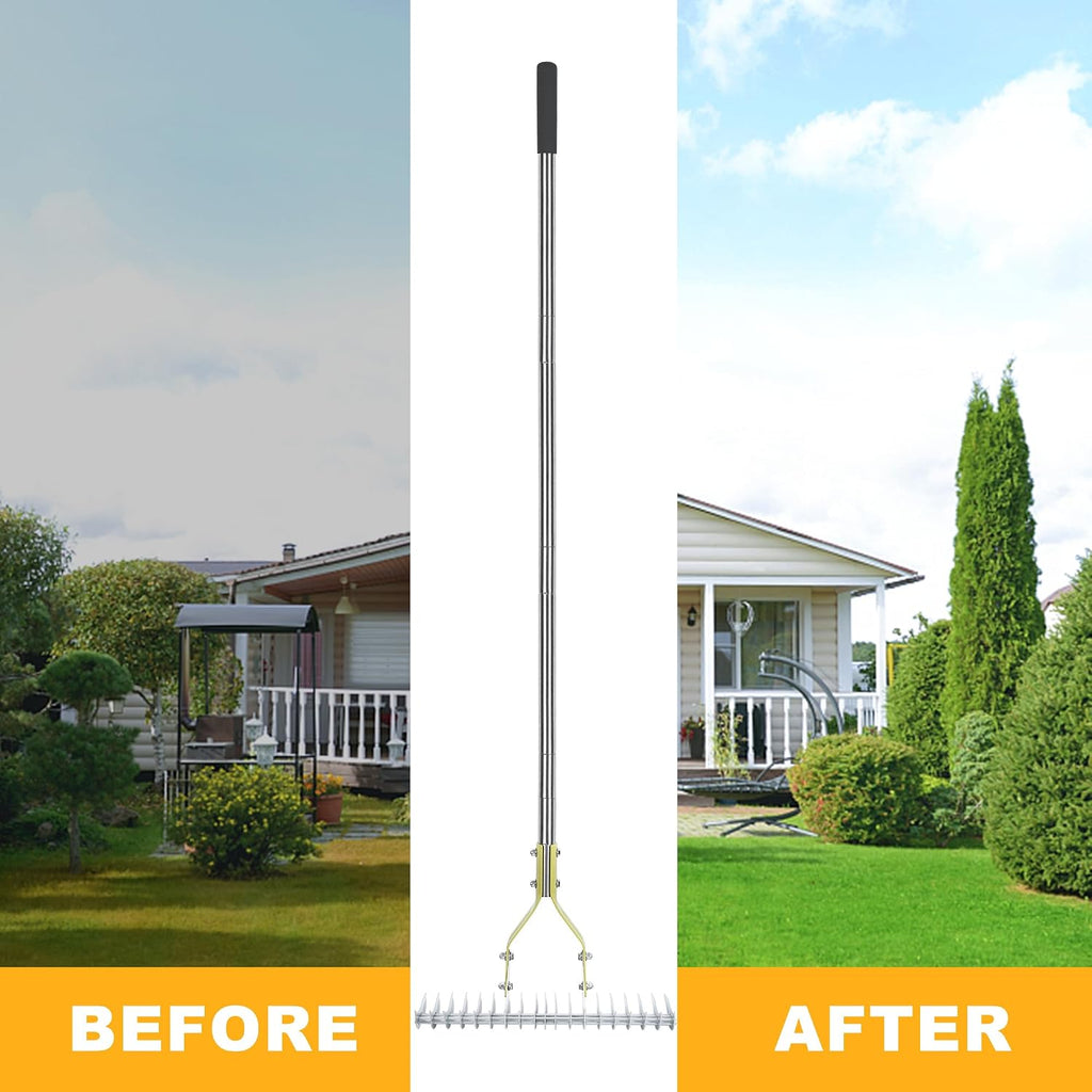 BARAYSTUS Thatch Rake Dethatcher - 15-Inch Wide Lawn Rake for Dead Grass Removal, Stainless Steel Adjustable Handle