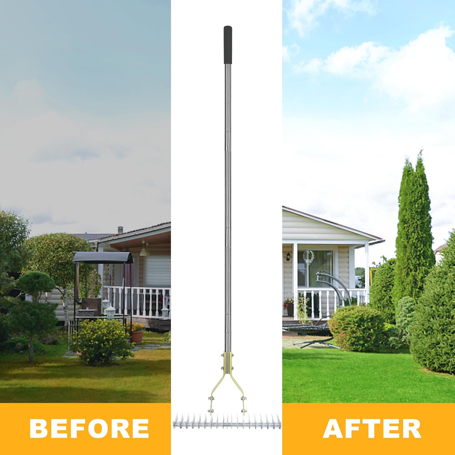 BARAYSTUS Thatch Rake Dethatcher - 15-Inch Wide Lawn Rake for Dead Grass Removal, Stainless Steel Adjustable Handle