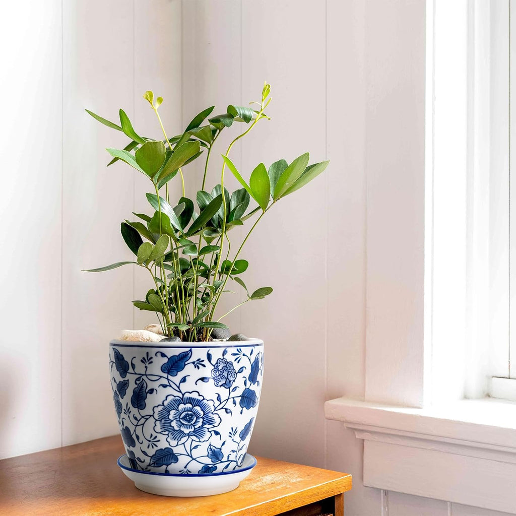 HakkaGirl 8 inch Ceramic Planters for Indoor Plants, Chinoiserie Decor Ceramic Pots for Plants Flower Plant Pots Indoor