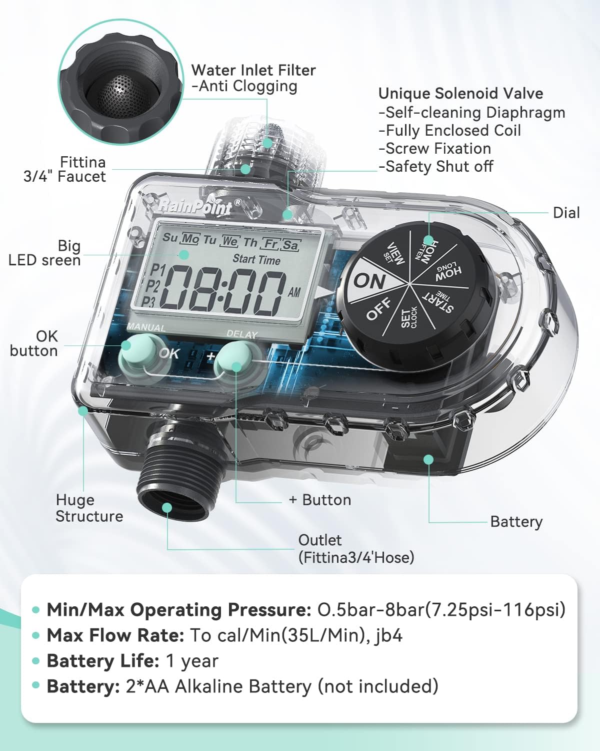 RAINPOINT Sprinkler Timer, Hose Timer with 3 Individual Programs, Water Timer for Garden Hose Faucet, Programmable