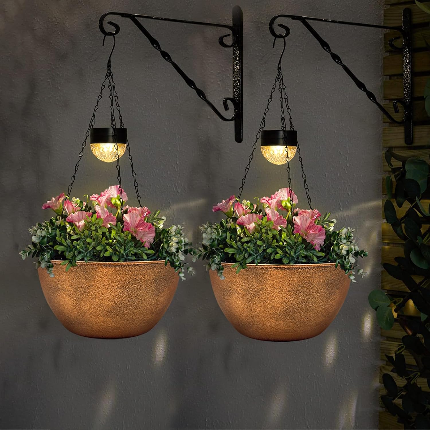 BAYN 2 Packs Solar Hanging Basket Planters for Plants Outdoor | Self Watering, Bronze Flower Pots with Solar Light