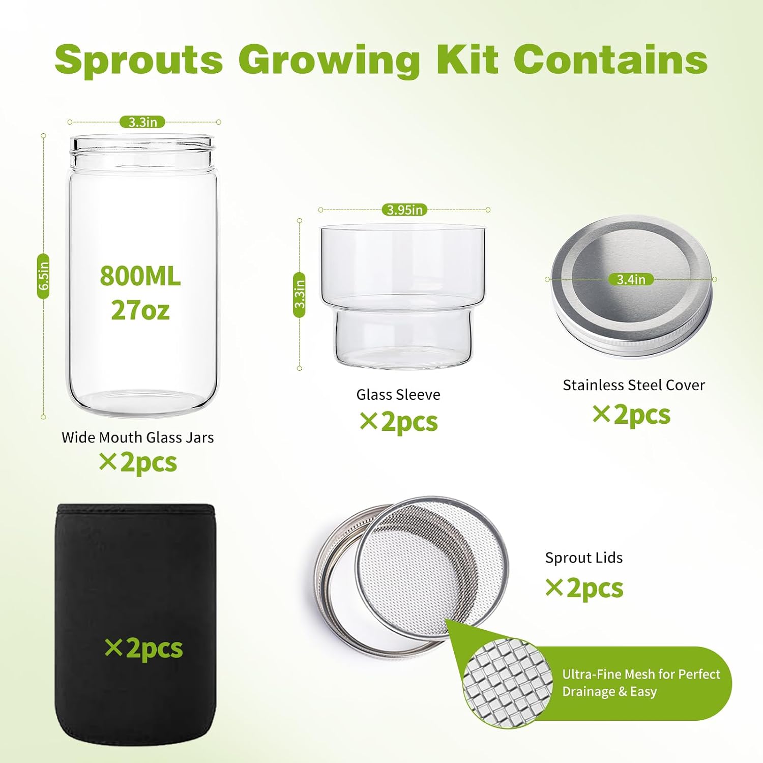 Sprouting Kit, 2 Wide Mouth Sprouting Jar with Stainless Steel Screen Sprout Lids, Blackout Sleeves, Drain Cover