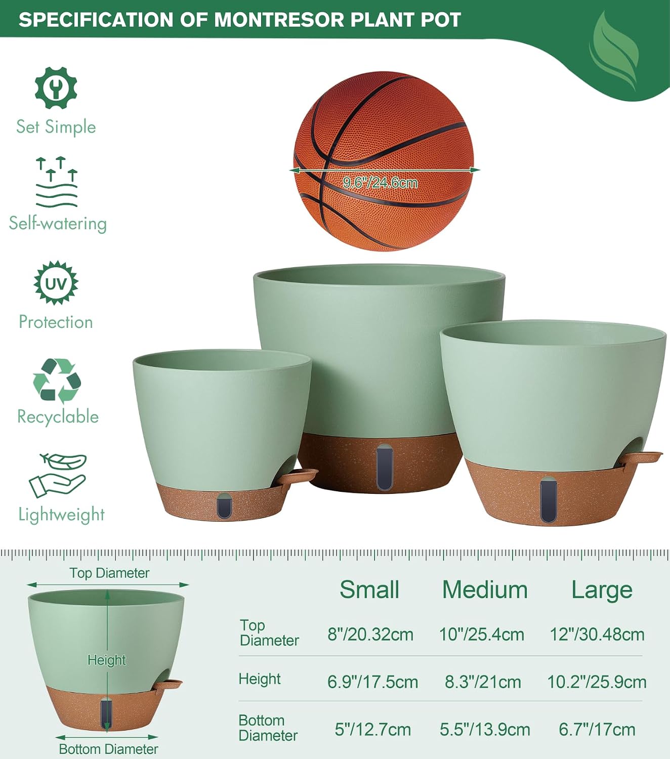 montresor 12/10/8 Inch Self Watering Pots for Indoor Plants Plastic Large Pot for Outdoor Plants, Water Level Window &