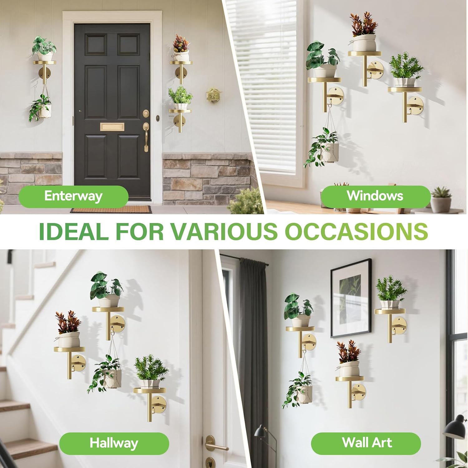 DELLAN Wall Plant Holder, 3-Pack Floating Shelves for Plants, All Gold | Wall mounted indoor hanging plants shelf &