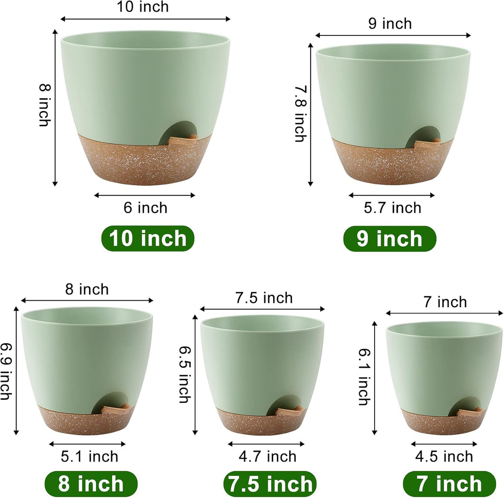 QRRICA Plant Pots 10/9/8/7.5/7 Inch Self Watering Pots, Set of 5 Plastic Planters with Drainage Holes and