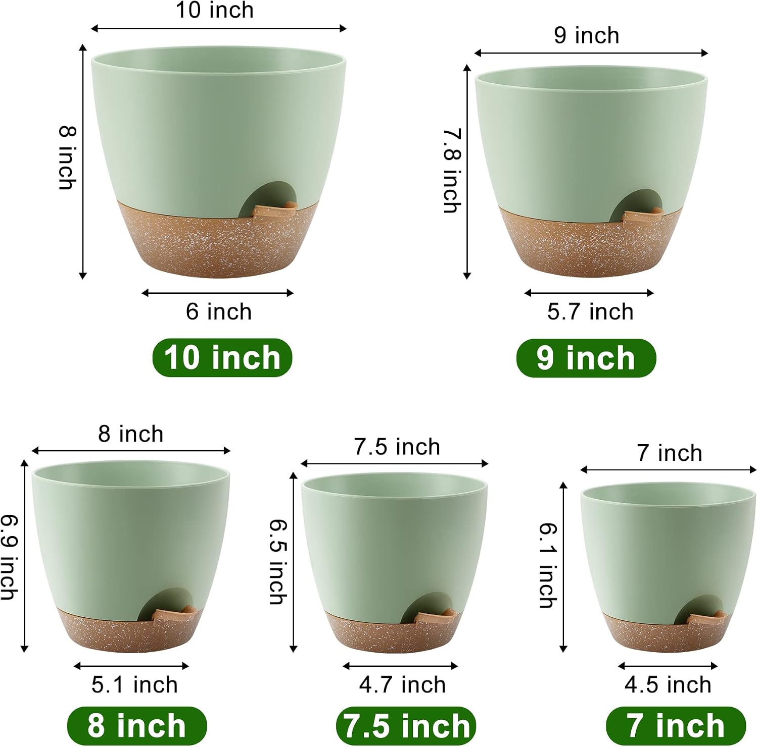 QRRICA Plant Pots 10/9/8/7.5/7 Inch Self Watering Pots, Set of 5 Plastic Planters with Drainage Holes and