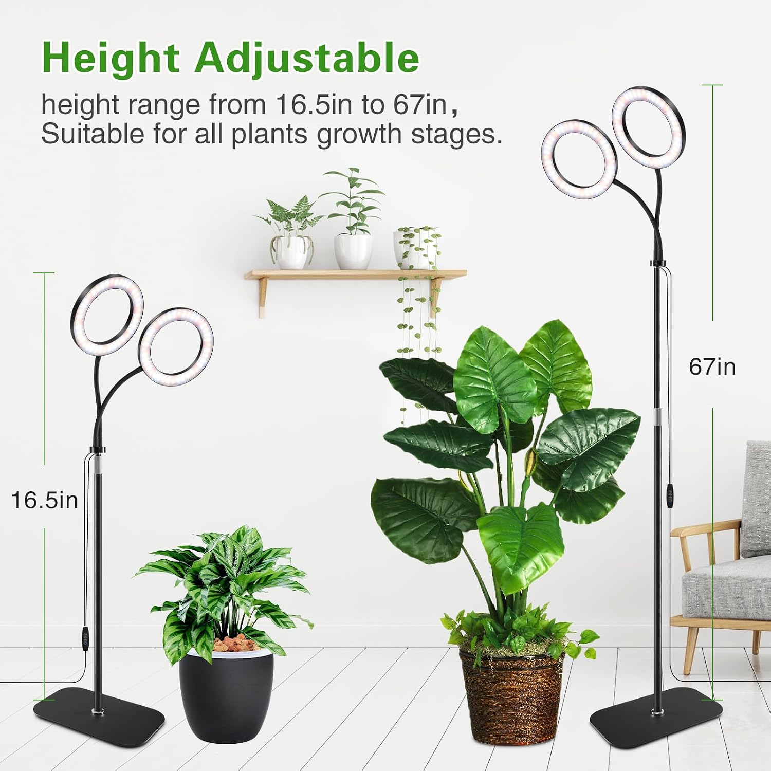 Grow Light with Stand for Indoor Plants, Dual Head Full Spectrum Floor Plant Light for Large Tall Plants, 16.5-68in