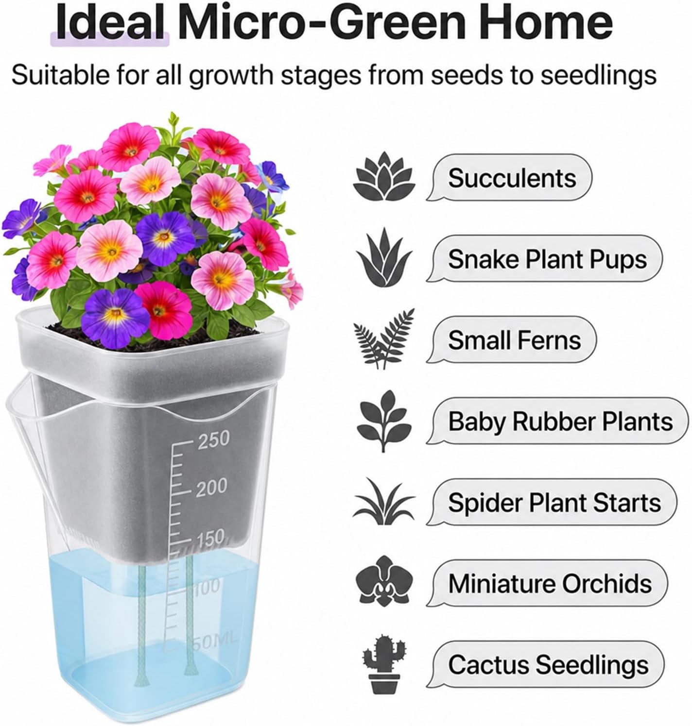 10 Pack 2.5" Self Watering Pots for Indoor Plants with Anti-Tip Tray & Reservoir Refill Bottle, Seed Starter Kit for