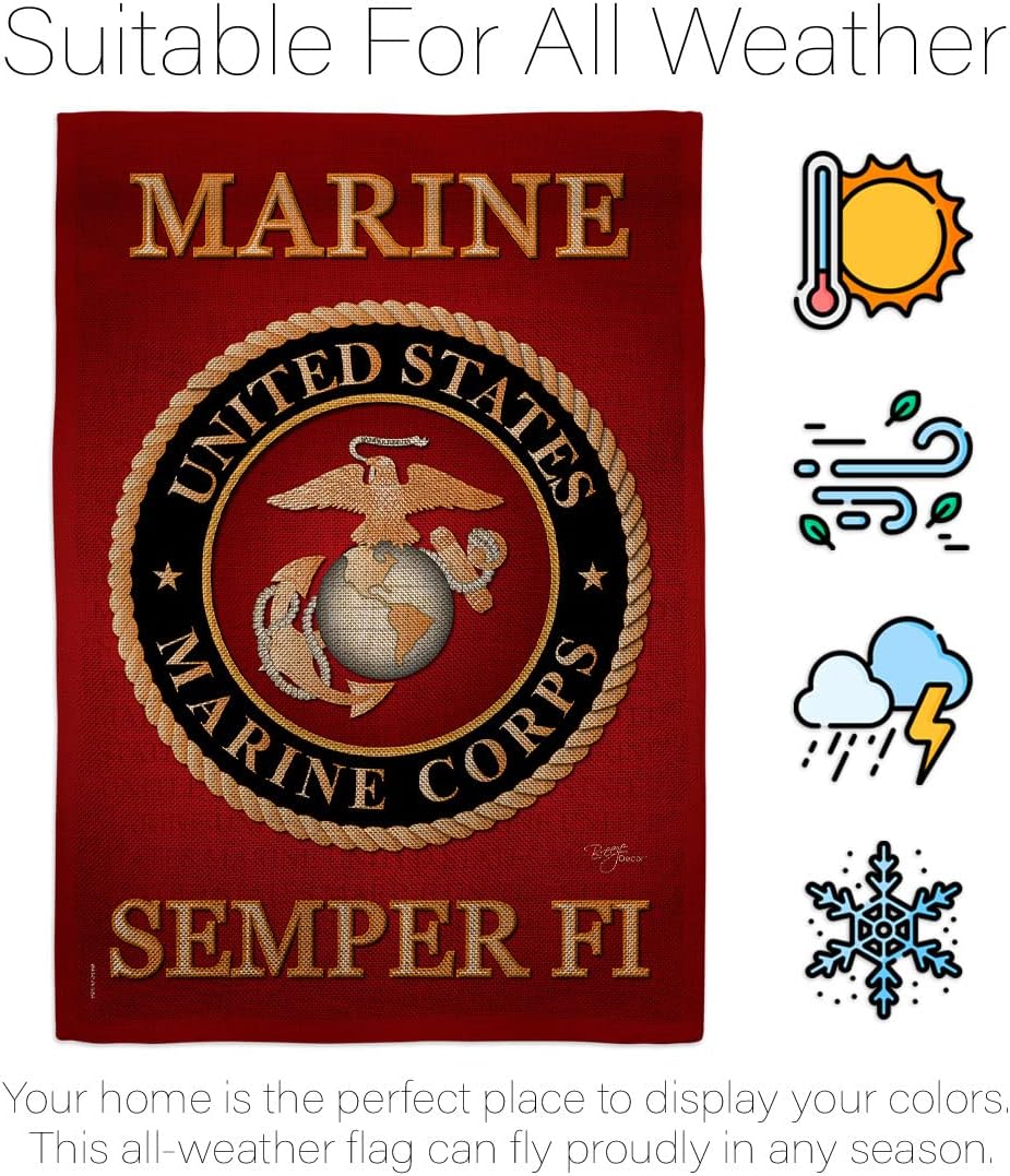 Marine Corps Burlap Garden Flag - Set with Stand Armed Forces USMC Semper Fi United State American Military Veteran
