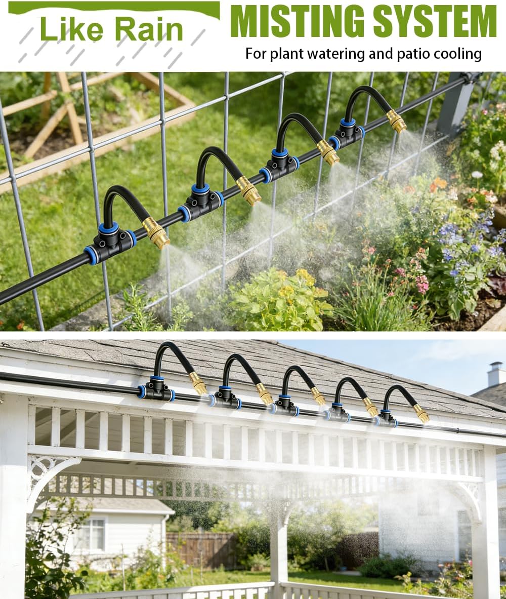 32FT 5/16" Misting Irrigation System for Garden with 10 Adjustable Nozzles | 360° Bendable Copper Nozzles, Quick