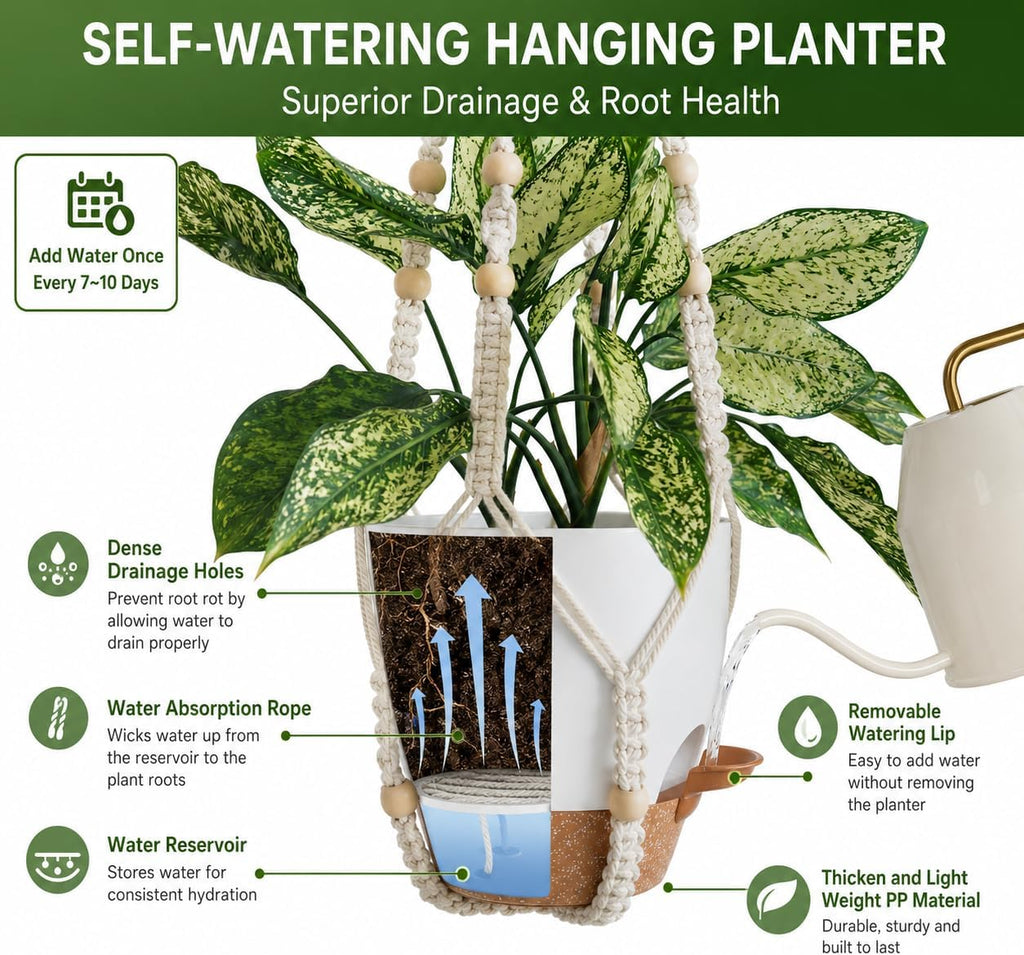 Bouqlife 3 Set Self Watering Hanging Planters for Indoor Plants | 7/6/5.5 Inch Pots with Macrame Plant Hangers