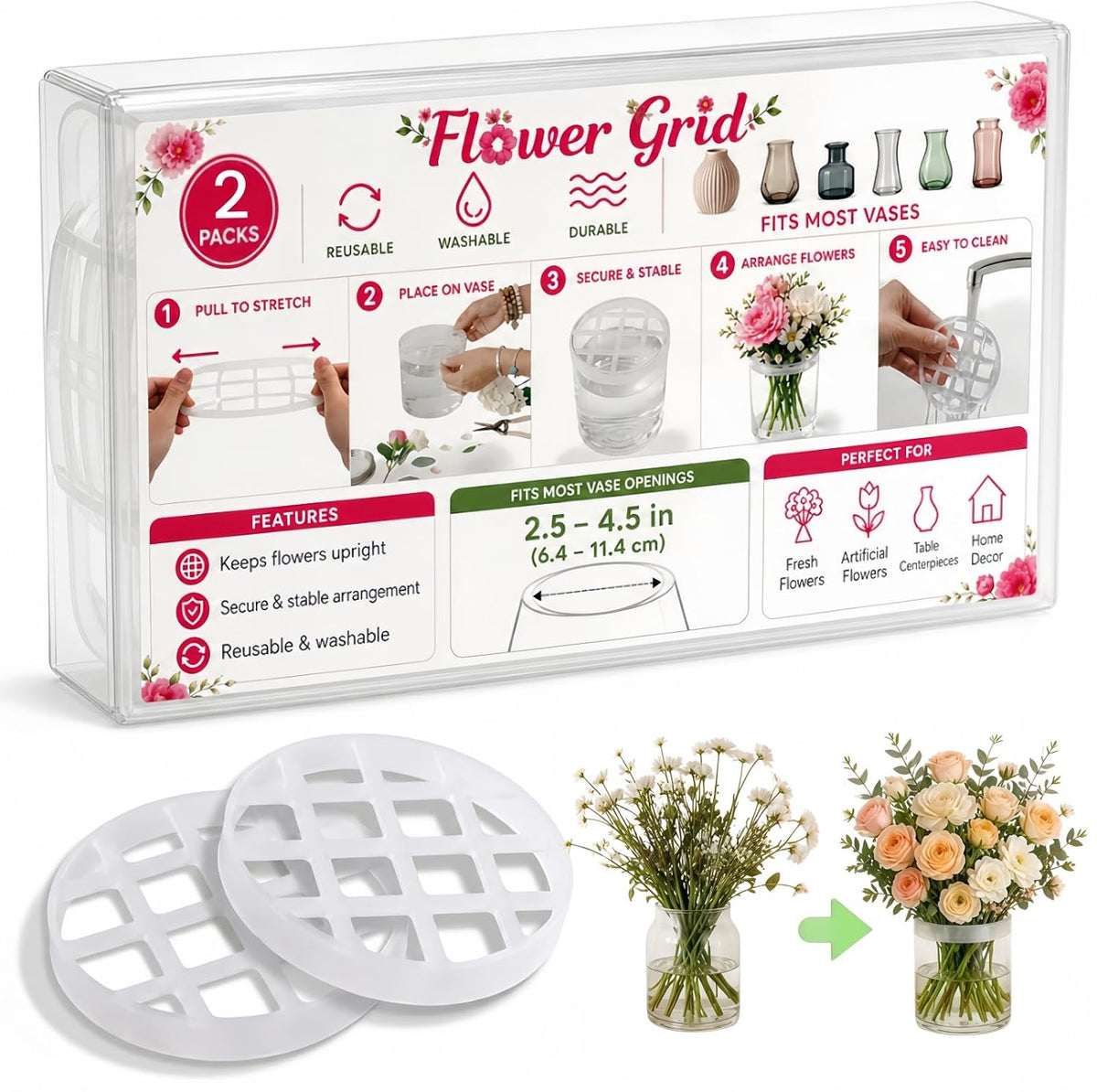 Flower Grid Silicone Vase Stem Organizer, 2 Pack, 3.2 Inch, for Medium Vase