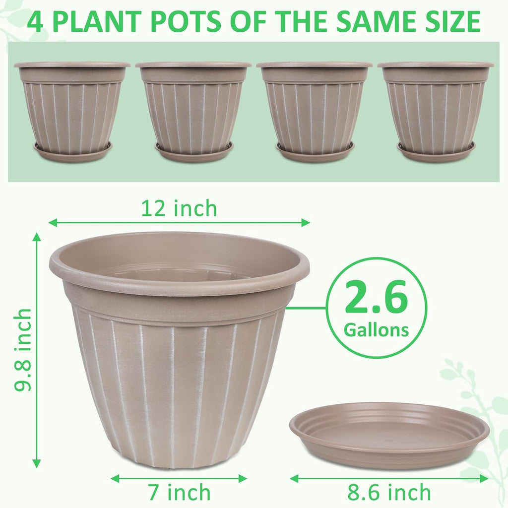 12 Inch Pots for Plants,4 Pack Tall Planter,Large Flower Pot Outdoor | Plastic Garden Pots with Drainage Hole &