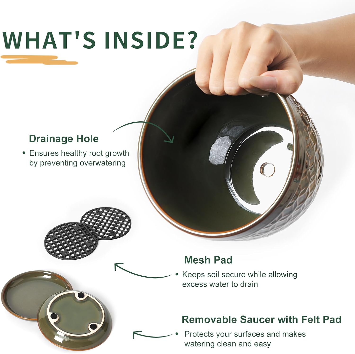 Sureasy Ceramic Indoor Plant Pots, 5.6 Inch Flower Pots for Plants with Drainage Hole and Saucer, Embossed Planter for